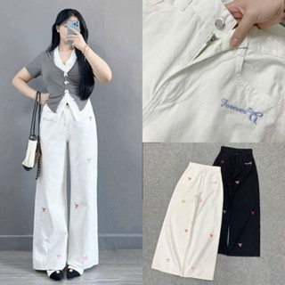 Quần jeans ống rộng bigsize nữ cạp cao chất kaki mềm mịn họa tiết nơ thêu xinh xắn phong cách basic - Q543