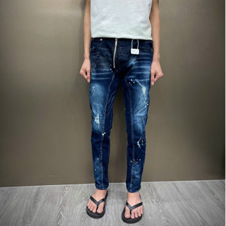 Quần jean nam xanh đậm loang rách xù nhỏ mix khoá hở nhăn gối bản siêu cấp