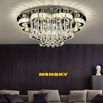 Đèn ốp treo trần MONSKY GALOC pha lê 60cm, 80cm ánh sáng 3 màu cao cấp làm từ kim loại sơn tĩnh điện
