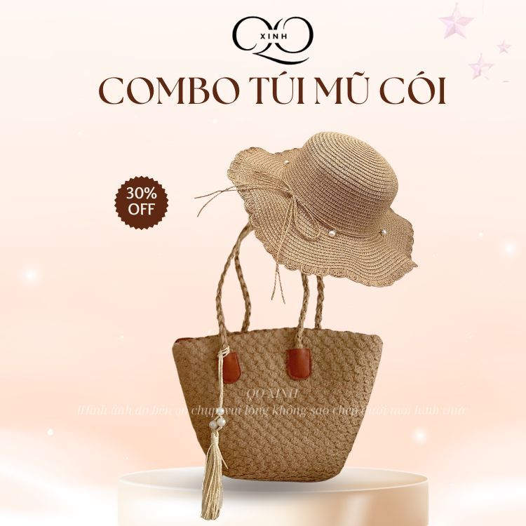 Combo Túi Mũ Cói Đi Biển Đi Chơi Mũ Thắt Nơ Xinh Xắn Nữ Tính T01M24 QO XINH