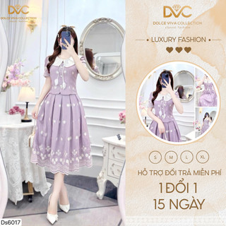  Đầm tím pastel cổ sen to tay phồng thêu hoa dáng dài tiểu thư dịu dàng váy vintage nữ DS6017 –  chính hãng 