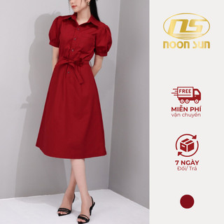 Váy Sơ Mi Xòe Công Sở Dáng Dài NOONSUN NS9 Đầm Thiết Kế Tay Bồng Kèm Dây Đai Thắt Eo Vải Kaki