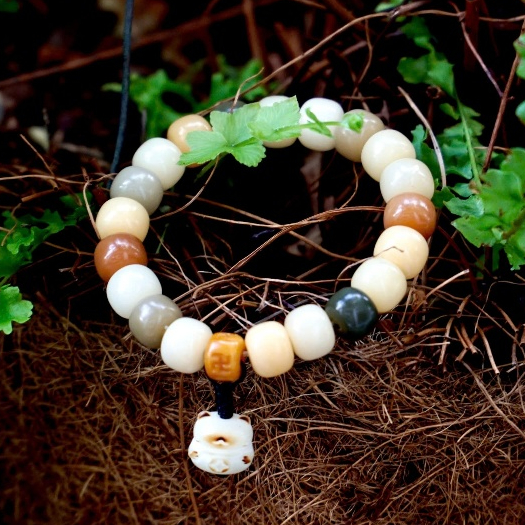 Vòng chuỗi bồ đề Yak khắc chữ vạn phối charm và dzi