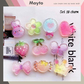 Bộ 10 Sticker, Charm 3D chủ đề Thỏ Cherry bling nhựa cứng gắn Dép Sục, Cá Sấu MayTo JB-344
