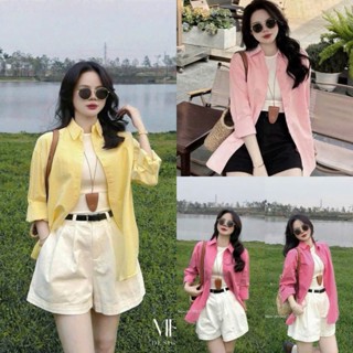 Sét bộ thời trang nữ 3 món chất lụa mát gồm áo sơ mi áo ba lỗ  thun tăm bên trong và quần đùi kaki kèm đai