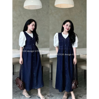 Set váy suông [ Loại 1 ] gồm một áo trắng và một yếm bò chấm bi