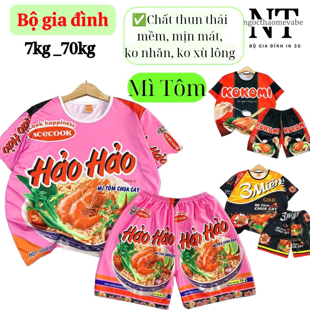 Đồ Bộ Thun Quần Đùi In 3D Mẫu Mì Tôm 7-75kg - Mềm Mịn Mát, Không Nhăn/Xù Lông Cho Gia Đình