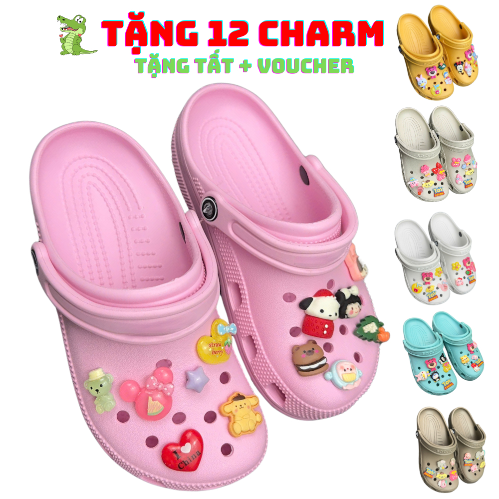 Dép Cross Classic đế thấp tặng 12 charm + tặng tất, Dép sục cross nữ chống trơn trượt , dép cross nữ