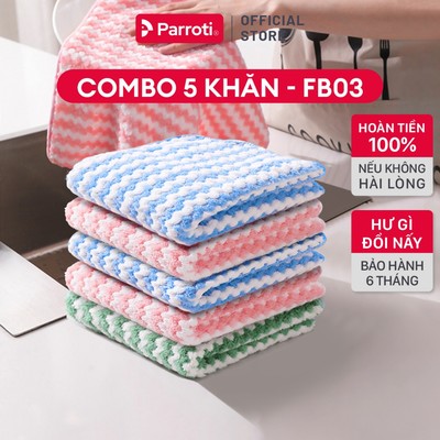 Combo 5 khăn lau bếp đa năng siêu thấm hút, lau kính, lau rửa xe ô tô, lau tay Parroti Fiber - FB03