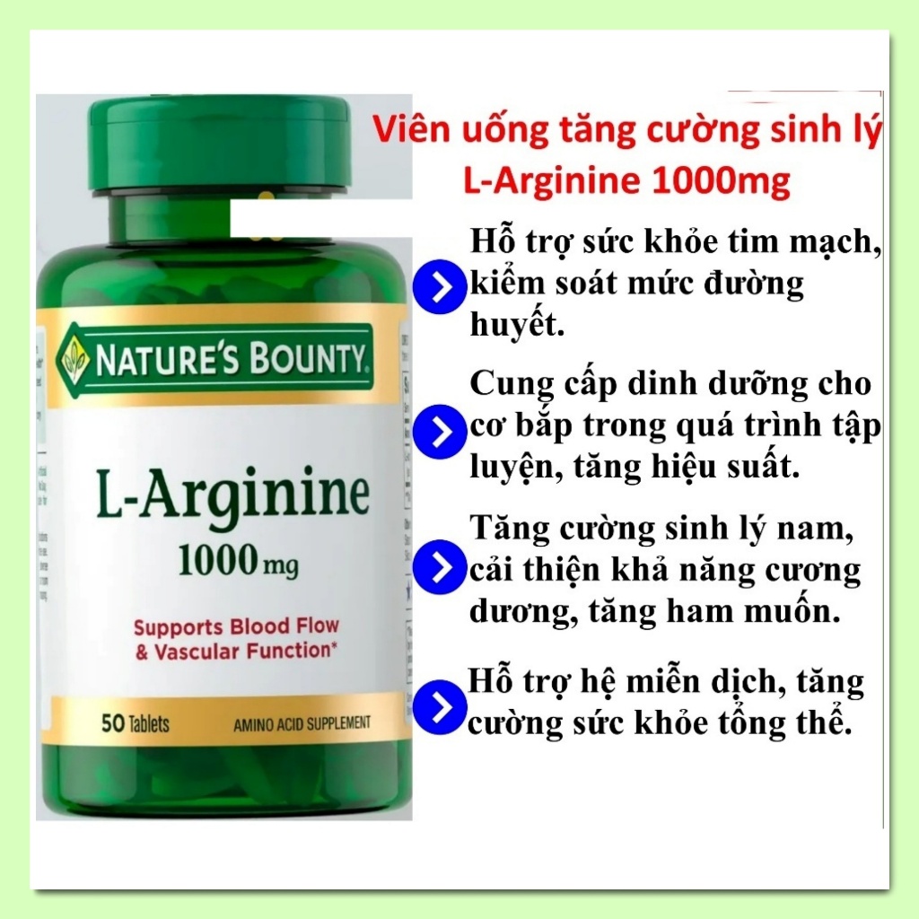 Viên uống L-Arginine 1000mg Nature’s Bounty hũ 50 viên [Hàng Mỹ]