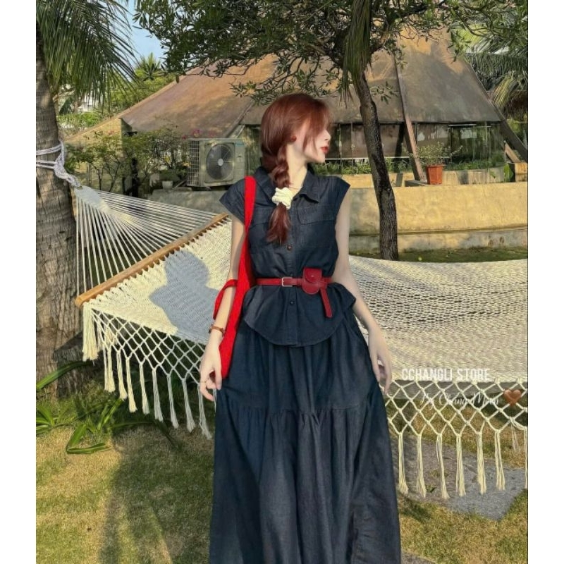 Set jean bò áo sm sát nách cv dài xoè kèm đai đỏ