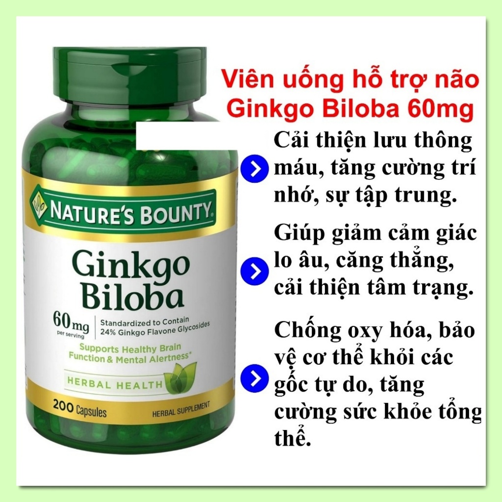 Viên uống hỗ trợ não Ginkgo Biloba 60mg Nature’s Bounty hũ 200 viên [Hàng Mỹ]