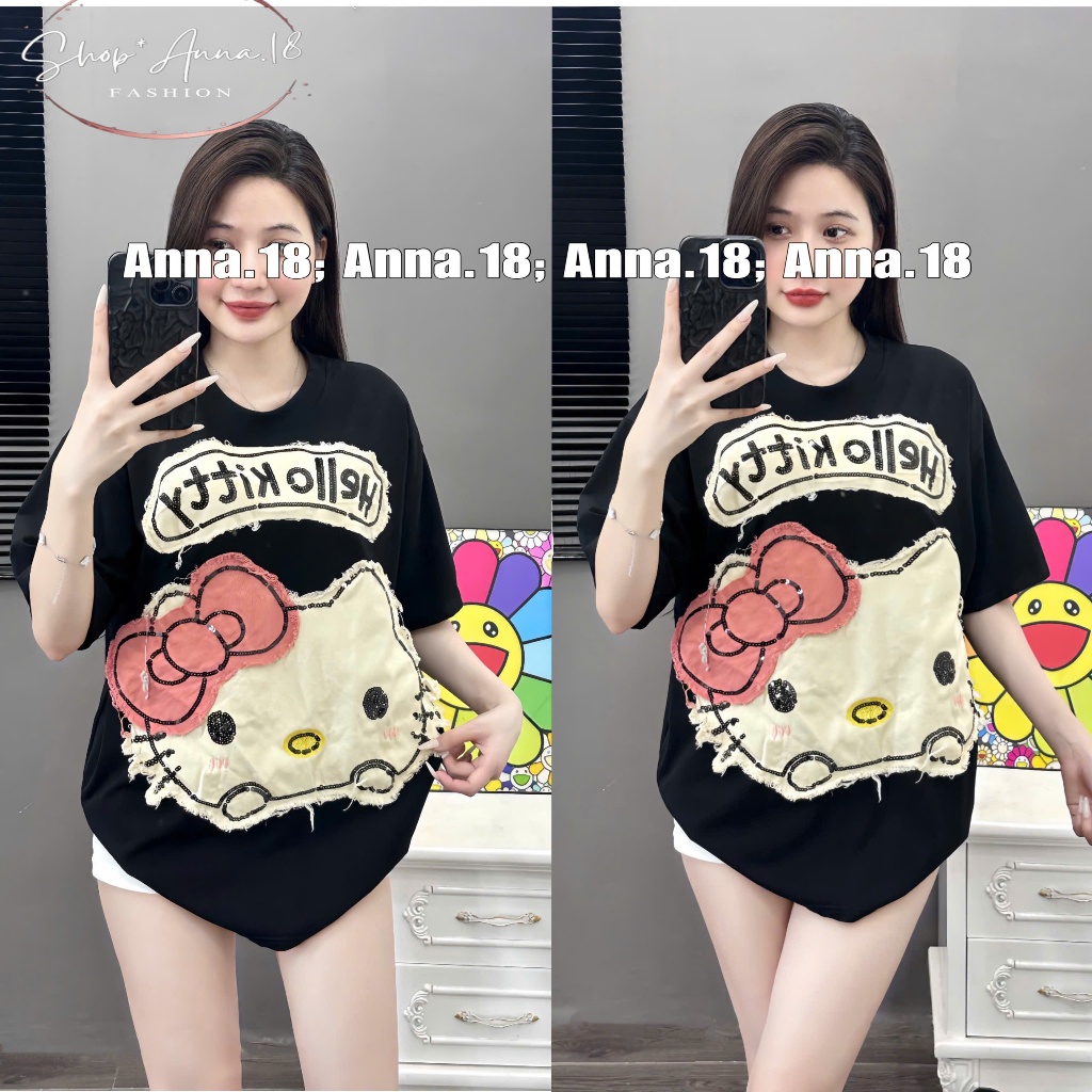 ÁO THUN COTTON 4 CHIỀU MỀM MÁT THẤM HÚT MỒ HÔI THÊU HELO KITTY KIMSA  FORM RỘNG ( THÊU _ HELO KITTY 