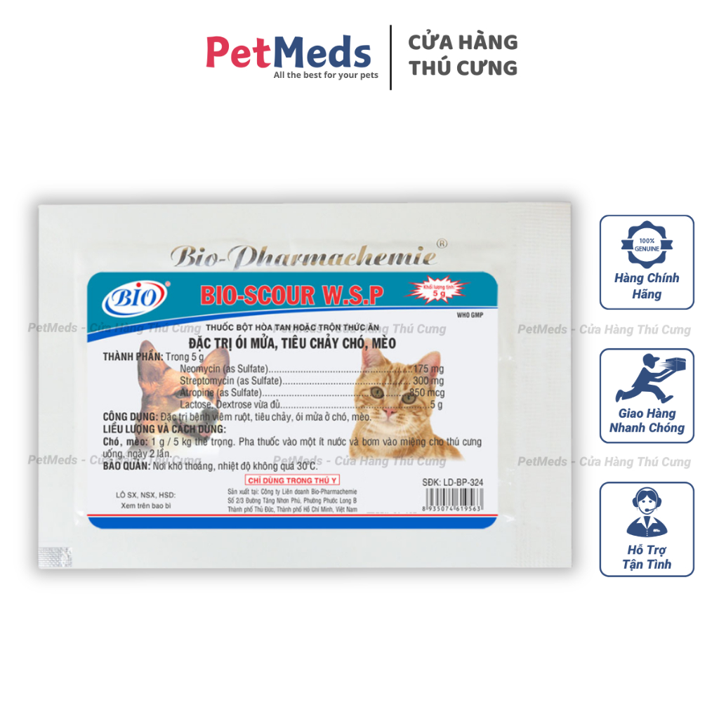 Bột Tri Tiêu Chảy, Ói Mửa BIO SCOUR WSP Cho Chó Mèo