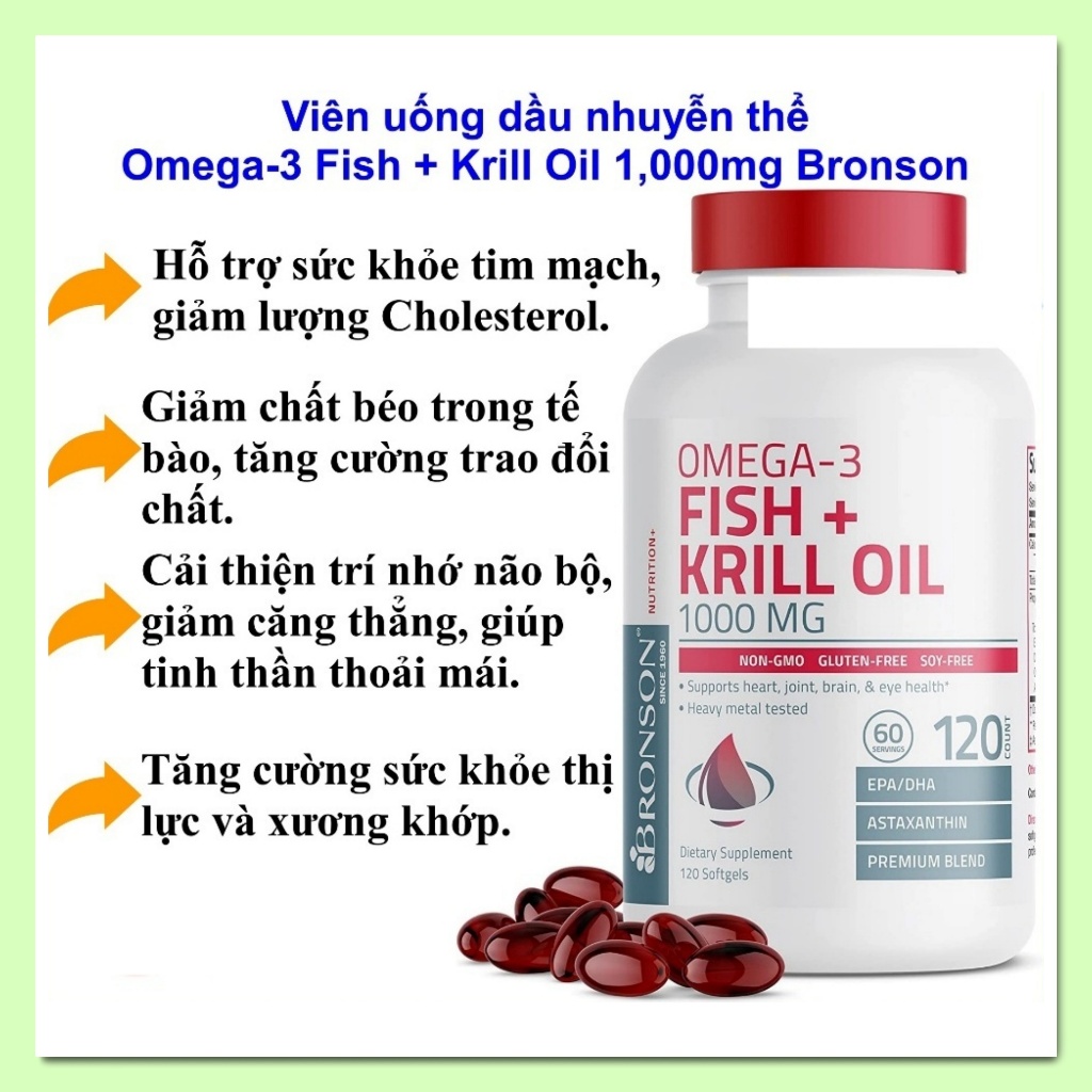 Viên uống dầu nhuyễn thể Omega-3 Fish + Krill Oil Bronson [Hàng Mỹ]