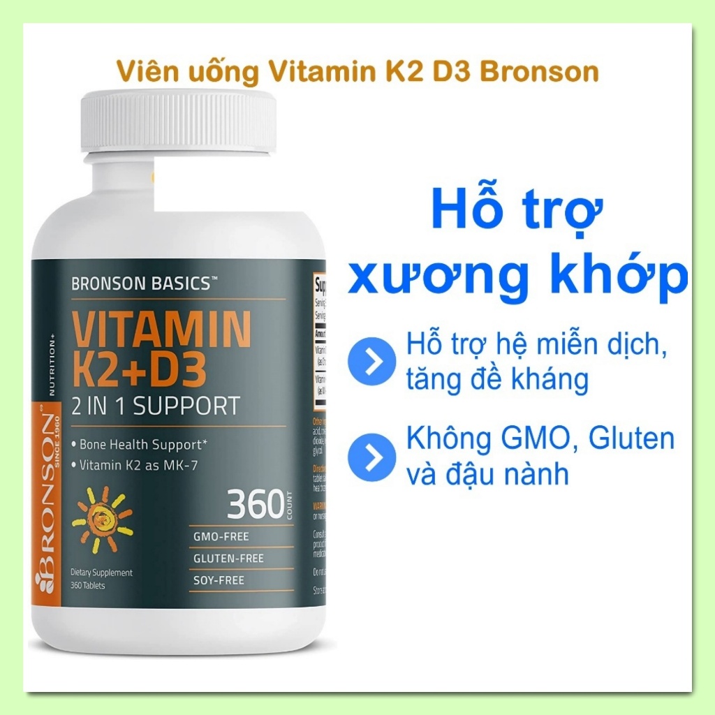 Viên uống Vitamin K2 D3 Bronson 2in1 hũ 120 viên / 360 viên [Hàng Mỹ]