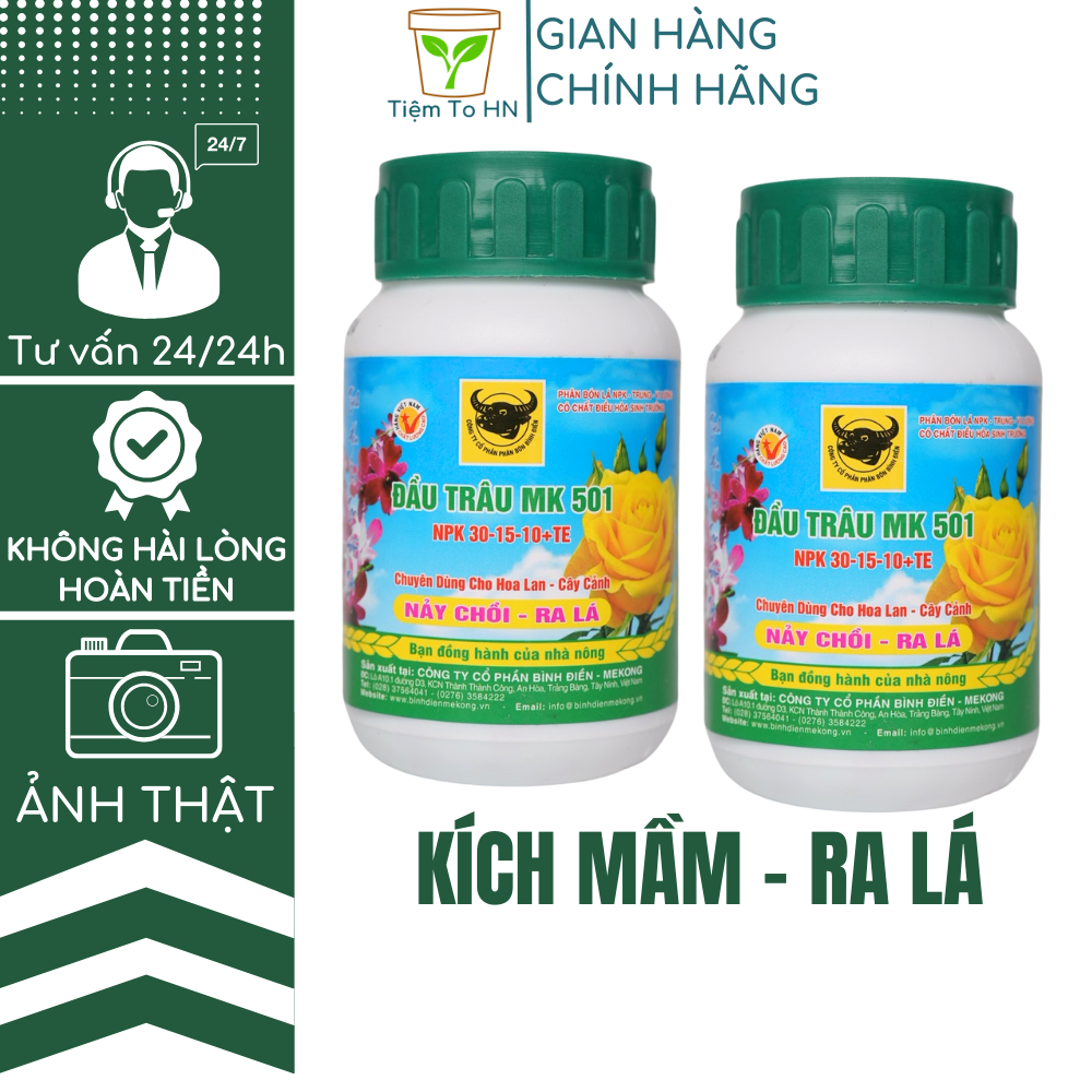 Phân bón Đầu Trâu MK 501 NPK 30-15-10+TE kích mầm, ra lá cho lan và cây cảnh – Tiệm To