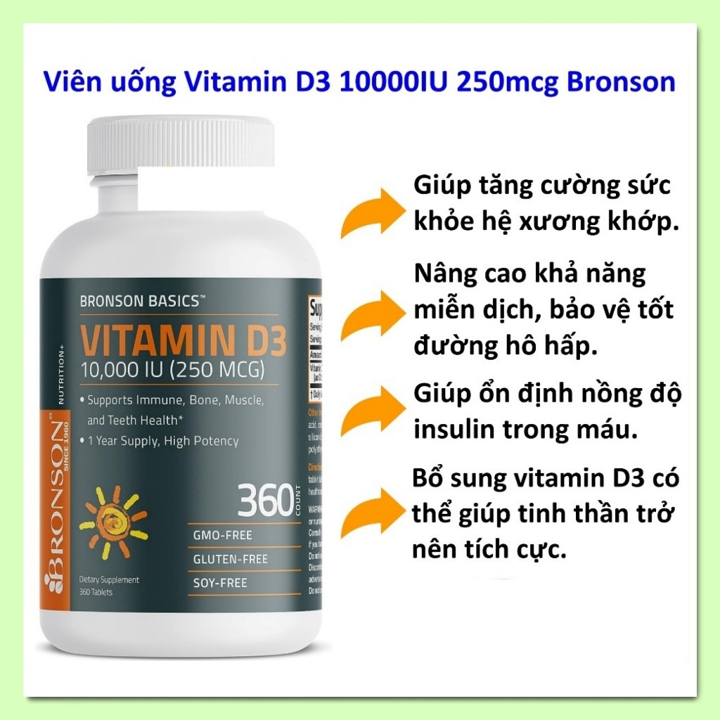 Viên uống Vitamin D3 10000IU 250mcg Bronson hũ 360 viên [Hàng Mỹ]