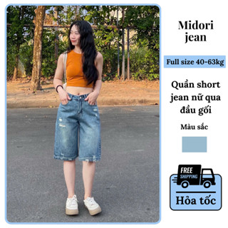 Quần short jean nữ ống rộng dáng lửng, quần bò nữ dài đến đầu gối lưng cao QA65