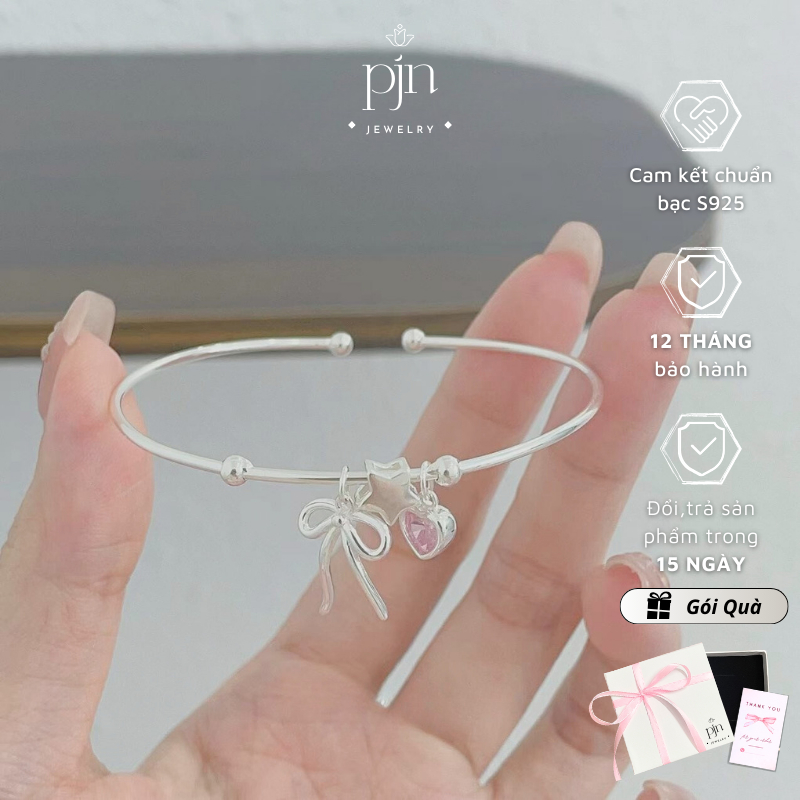 Lắc Tay Bạc Nữ PJN Kiềng Nhỏ Treo Charm nơ thắt,Ngôi Sao Và Trái Tim Hồng Dễ Thương Dành Cho Nàng VT25
