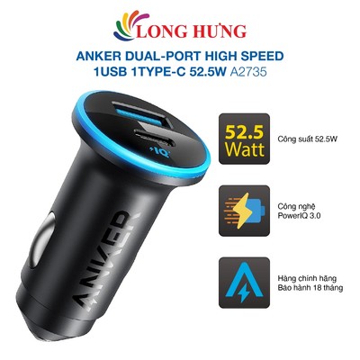 Cốc sạc xe hơi Anker Dual-Port High Speed 1USB 1Type-C 52.5W A2735 - Hàng chính hãng