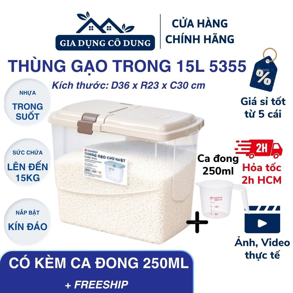 Thùng Đựng Gạo 15L Nắp Bật, Thùng Gạo Nhựa Việt Nhật Trong Suốt Kèm Ca Đong Tiện Lợi