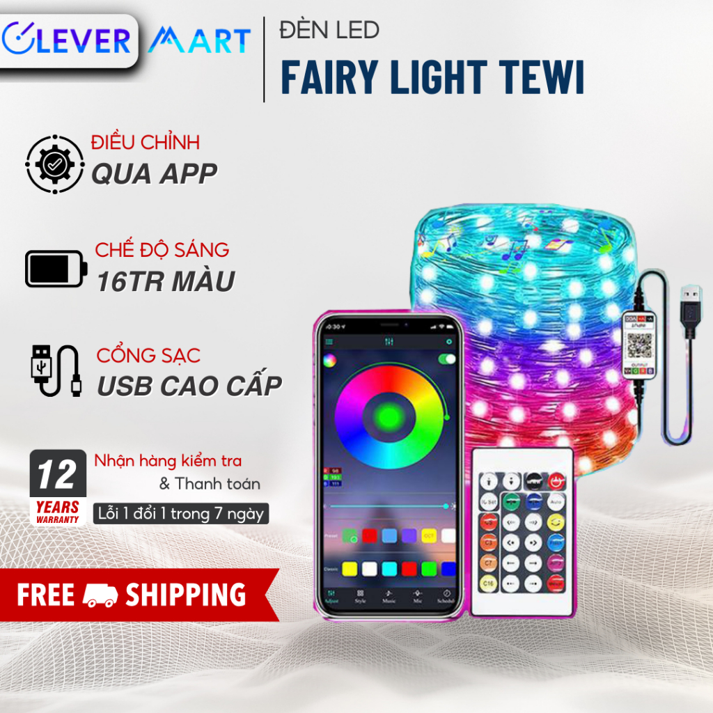 Đèn Fairy Light TEWI 16 Triệu Màu 20M Điều Khiển APP Điện Thoại, Dây Led Nháy Đuổi Decor Phòng, Trang Trí Tết, Noel