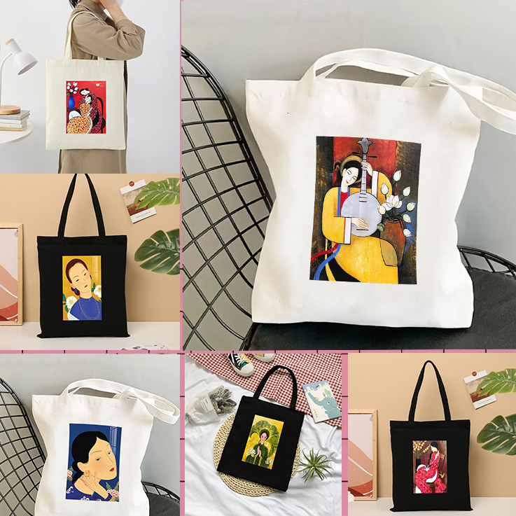 Túi tote in hình Bộ Sưu Tập Người Phụ Nữ Việt xưa túi vải bố canvas nhiều hình đeo vai đi học, đi chơi 35x40cm tota096