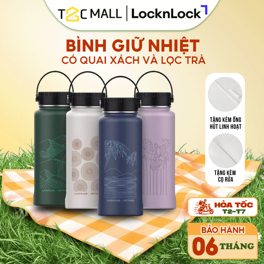 Bình Nước Giữ Nhiệt LocknLock Chính Hãng Có Ống Hút, Lọc Trà Cỡ To Có Quai Xách LHC4160 VN T2C Mall