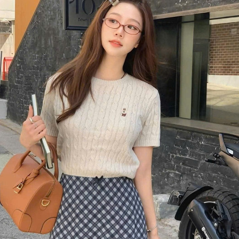 [auth 100%] Whoau áo len tay ngắn xuân hè 2025 Steve Round neck Melange CableSweater