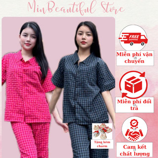 Bộ Đồ Ngủ Kẻ Caro Minshop ( tặng kèm charm ) áo cộc quần dài mặc nhà [ có sz đến 75kg ]