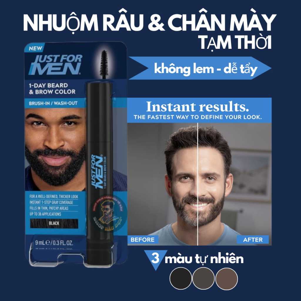 Just For Men 1-Day Beard & Brow Color – Cọ Nhuộm Râu Chân Mày Tạm Thời | 3 Màu Black, Medium Brown, 