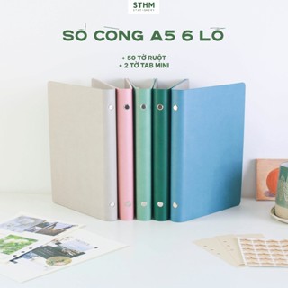 Sổ còng bìa da PU A5  6 lỗ - Bìa còng kèm 50 tờ giấy ruột, tab phân trang - Dùng ghi chép, bujo