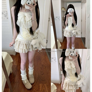 🍨 Daily OOTD | Y2k vintage mùa hè set nữ áo cami phối ren nơ chấm bi + chân váy ren nhiều tầng màu kem ngọt ngào • ᴀʟᴘᴏᴄ