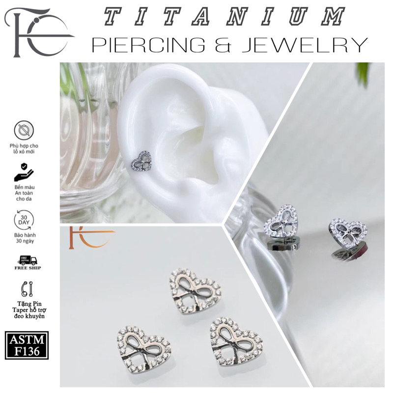 Khuyên Tai Titanium F136 Hình Trái Tim Nơ/ Khuyên Titan