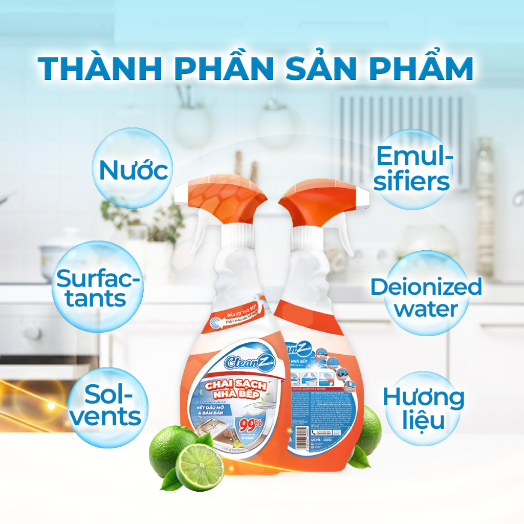 Chai Sạch Nhà Bếp Cleanz Làm Sạch Dầu Mỡ, Vết Ố Vàng, Thơm Mùi Chanh Dịu Nhẹ Dung Tích 450ml