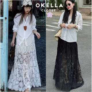   QC - SẴN  Chân Váy Dài Ren Hoa Hồng Vintage Chân Váy Midi 2 lớp trắng đen đi du lịch đi biển Okélla 