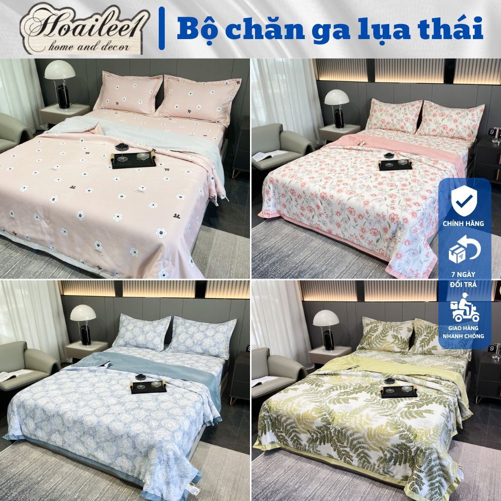 Bộ chăn ga gối 4 món lụa Thái cao cấp, kèm chăn chần bông mềm mại, cho giấc ngủ êm ái và sang trọng.