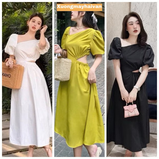 HV -[XẢ KHO]  Váy Thô Tay Bồng Lệch Vai Khoét Eo,Đầm Lếch Vai Khoét Eo Chất Thô Cao Cấp