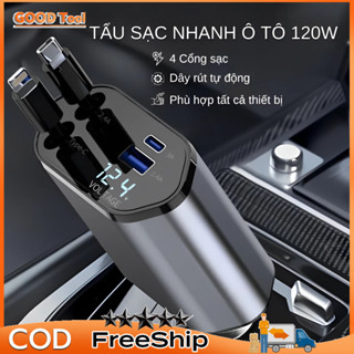 Tẩu Sạc Ô Tô, Sạc Nhanh 120W Dây Rút Tự Động 4 Cổng USB Type-C Và Lightning Đa Năng - Vỏ Hợp Kim Cao Cấp [Hàng Loại Tốt]