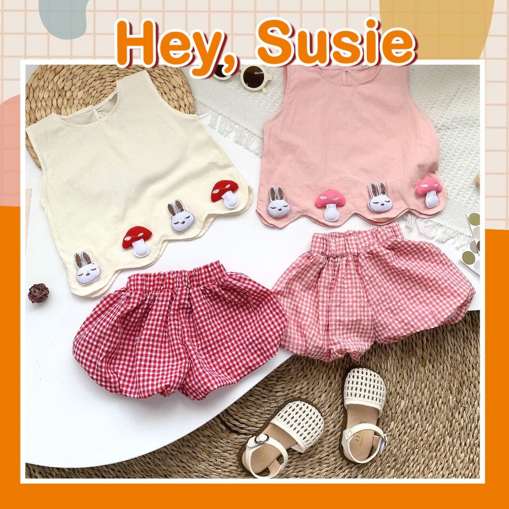 Set Áo Nấm Thỏ Quần Kẻ Hồng/Kem Cho Bé Gái Size 9-23kg Hey Susie S6838