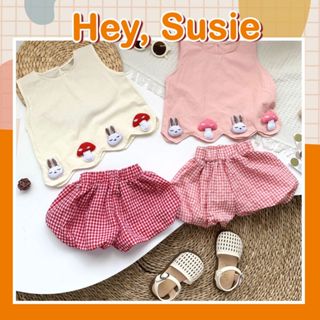 Set Áo Nấm Thỏ Quần Kẻ Hồng/Kem Cho Bé Gái Size 9-23kg Hey Susie S6838
