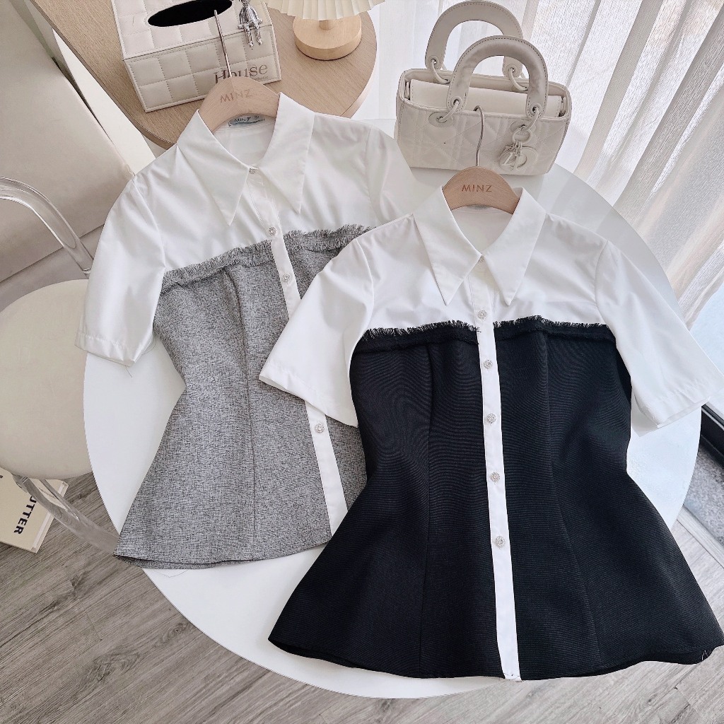Áo Peplum Phối Thân MINZ STORE Mã 8553, Thiết Kế Ngắn Tay Phong Cách Công Sở