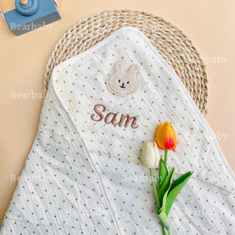 [Ủ CHOÀNG THÊU TÊN] Ủ Choàng Xô MusLin 4 Lớp cho bé sơ sinh,Chăn Ủ Choàng Có Mũ Vải Xô Muslin mềm mị