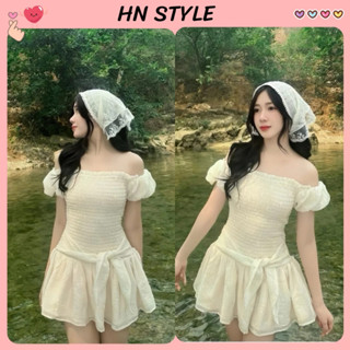 Váy Babydoll Tơ Xốp Tubar (Kèm Khăn) Trễ Vai Nữ Tính – Dáng Xòe Công Chúa, Đi Biển, Du Lịch Có 3 Size S, M, L