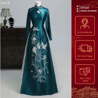  Áo dài mẹ  áo dài sui  cao cấp chất lụa Ruby màu xanh coban thêu hoa sen đính đá cổ áo thủ công-Áo Dài Hoàng An Nhiên 
