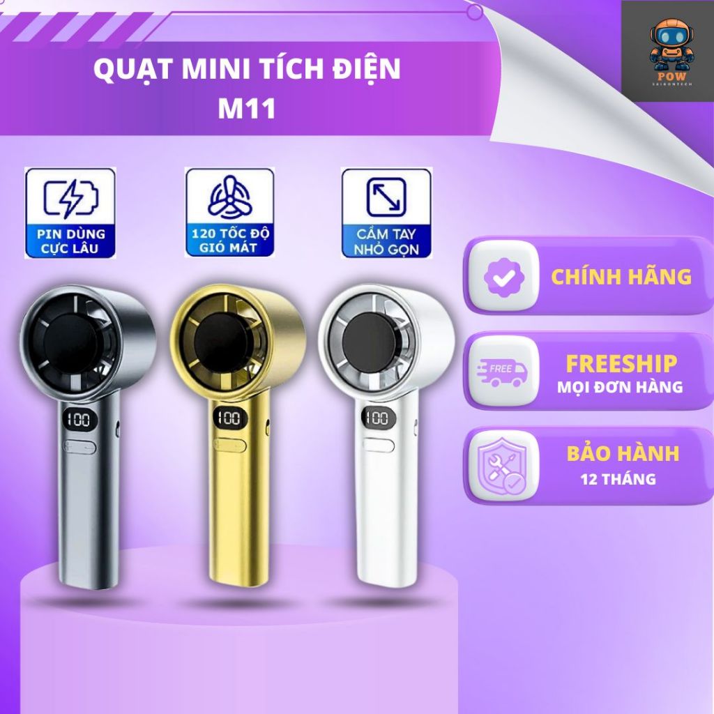 Quạt Cầm Tay Mini M11 Làm Mát Nhanh 120 Cấp Độ Gió,Màn Hình LCD Hiển Thị Tốc Độ Gió, Nhỏ Gọn, Tiện L