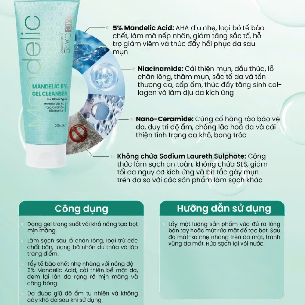 Ảnh 4 của Sữa Rửa Mặt MD CARE MANDELIC 5% GEL CLEANSER Dạng Gel Làm Sạch Sâu ,Tẩy Tế Bào Chết Nhẹ Nhàng