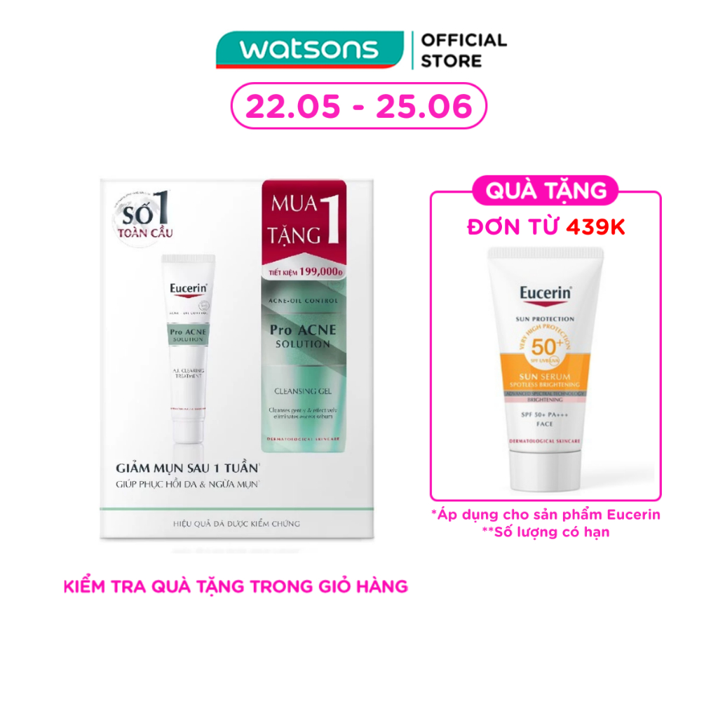 Combo Eucerin Pro Acne Phục Hồi & Ngừa Mụn (Gel Giảm Mụn AI Treatment 40ml + Gel Rửa Mặt 75ml)