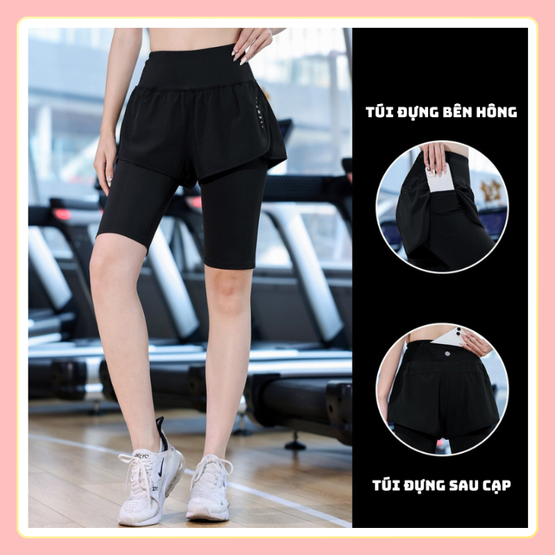 Quần lửng tập gym nữ 2 lớp có túi, kiểu quần short legging nữ tập gym, yoga, zumba, leo núi, đi bơi,
